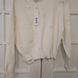 525 America Women's Distressed Cream V-Neck Sweater
